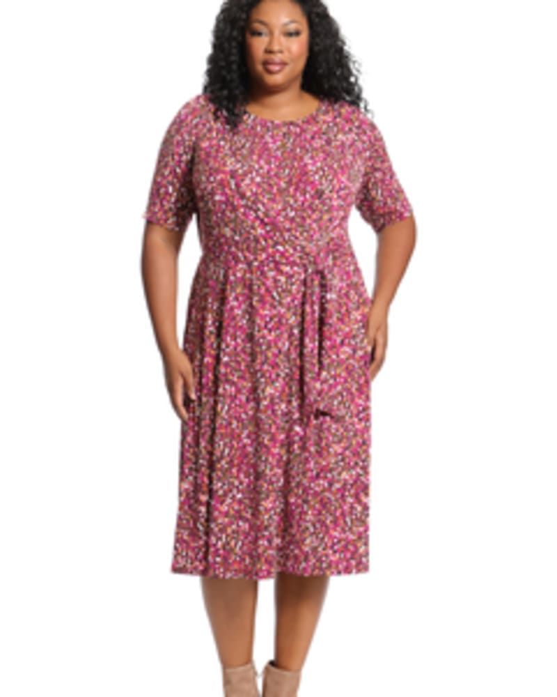 Front of a model wearing a size 10 Genelia Side Tie Dress in Purple by London Times. | dia_product_style_image_id:254820